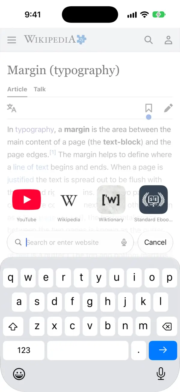 Margin starting a new search over a Wikipedia article. Pins for YouTube, Wikipedia, Wiktionary and Standard Ebooks sit above the search field and the keyboard.